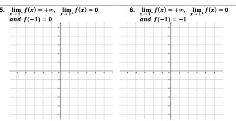 5. lim f(x) = +o, lim f(x) = 0
6. lim f(x) = +00, lim, f(x) = 0
and f(-1) = -1
%3D
x-1
x+1
X+1+
and f(-1) = 0
