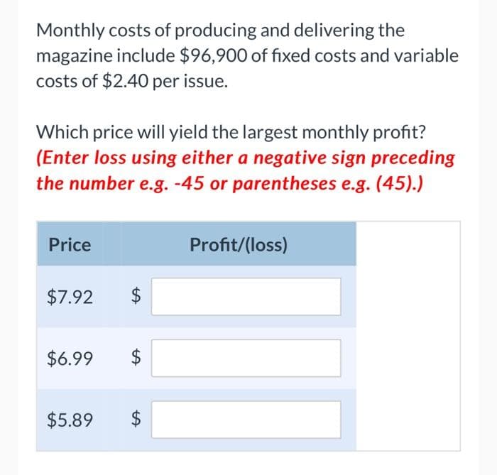 Monthly costs of producing and delivering the
magazine include $96,900 of fixed costs and variable
costs of $2.40 per issue.
Which price will yield the largest monthly profit?
(Enter loss using either a negative sign preceding
the number e.g. -45 or parentheses e.g. (45).)
Price
$7.92
$6.99
$5.89
LA
LA
Profit/(loss)