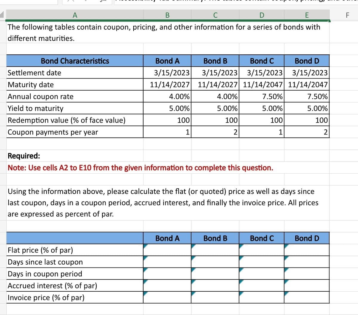 A
B
C
D
E
The following tables contain coupon, pricing, and other information for a series of bonds with
different maturities.
Bond Characteristics
Settlement date
Bond A
3/15/2023
Maturity date
11/14/2027
Bond B
Bond C
Bond D
3/15/2023 3/15/2023 3/15/2023
11/14/2027 11/14/2047 11/14/2047
Annual coupon rate
4.00%
4.00%
7.50%
7.50%
Yield to maturity
5.00%
5.00%
5.00%
5.00%
Redemption value (% of face value)
100
100
100
100
Coupon payments per year
1
2
1
2
Required:
Note: Use cells A2 to E10 from the given information to complete this question.
Using the information above, please calculate the flat (or quoted) price as well as days since
last coupon, days in a coupon period, accrued interest, and finally the invoice price. All prices
are expressed as percent of par.
Flat price (% of par)
Days since last coupon
Days in coupon period
Accrued interest (% of par)
Invoice price (% of par)
Bond A
Bond B
Bond C
Bond D
F