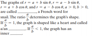 The graphs of r = a + b sin 0, r = a – b sin 6,
r = a + b cos 0, and r = a – b cos 0, a > 0, b > 0,
are called
a French word for
a
snail. The ratio determines the graph's shape.
If
= 1, the graph is shaped like a heart and called
b
a/an
b
a
If< 1, the graph has an
inner
