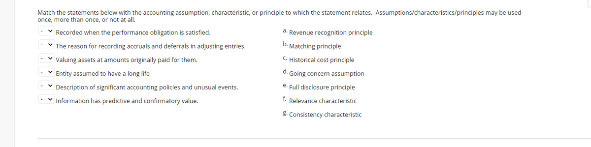 Match the statements below with the accounting assumption, characteristic, or principle to which the statement relates. Assumptions/characteristics/principles may be used
once, more than once, or not at all.
Recorded when the performance obligation is satisfied.
a. Revenue recognition principle
V The reason for recording accruals and deferrals in adjusting entries.
b. Matching principle
Valuing assets at amounts originally paid for them.
C. Historical cost principle
Entity assumed to have a long life
d. Going concern assumption
Description of significant accounting policies and unusual events.
e. Full disclosure principle
v Information has predictive and confirmatory value.
T. Relevance characteristic
8. Consistency characteristic
