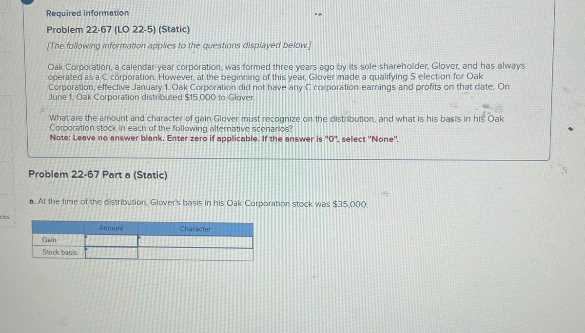 ces
Required information
Problem 22-67 (LO 22-5) (Static)
[The following information applies to the questions displayed below]
Oak Corporation, a calendar-year corporation, was formed three years ago by its sole shareholder, Glover, and has always
operated as a C corporation. However, at the beginning of this year, Glover made a qualifying S election for Oak
Corporation, effective January 1. Oak Corporation did not have any C corporation earnings and profits on that date. On
June 1, Oak Corporation distributed $15,000 to Glover.
What are the amount and character of gain Glover must recognize on the distribution, and what is his basis in his Oak
Corporation stock in each of the following alternative scenarios?
Note: Leave no answer blank. Enter zero if applicable. If the answer is "O", select "None".
Problem 22-67 Part a (Static)
a. At the time of the distribution, Glover's basis in his Oak Corporation stock was $35,000.
Gain
Stock basis
Amount
Character