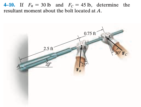 4-10. If FR = 30 lb and Fc = 45 lb, determine the
resultant moment about the bolt located at A.
2.5 ft
20⁰
0.75 ft
25°
FB
30° Fc