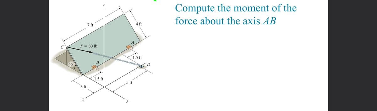 45°
F = 80 lb
3 ft
7 ft
X
B
Z
1.5 ft
A
oo
100
4 ft
1.5 ft
5 ft
D
1
Compute the moment of the
force about the axis AB