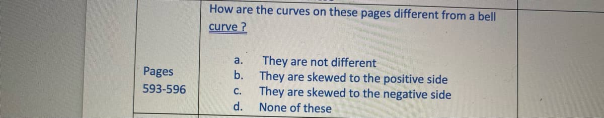 How are the curves on these pages different from a bell
curve ?
They are not different
b. They are skewed to the positive side
They are skewed to the negative side
a.
Pages
593-596
С.
d.
None of these
