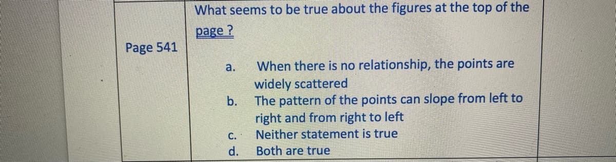 What seems to be true about the figures at the top of the
page ?
Page 541
а.
When there is no relationship, the points are
widely scattered
b.
The pattern of the points can slope from left to
right and from right to left
Neither statement is true
C.
d.
Both are true
