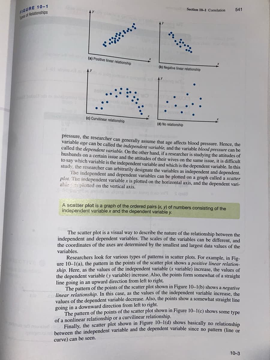 FIGURE 10-1
Tpes of Relationships
Section 10-1 Correlation
541
(a) Positive linear relationship
(b) Negative linear relationship
betio inomeo t
•• ech
(c) Curvilinear relationship
(d) No relationship
pressure, the researcher can generally assume that age affects blood pressure. Hence, the
variable age can be called the independent variable, and the variable blood pressure can be
called the dependent variable. On the other hand, if a researcher is studying the attitudes of
husbands on a certain issue and the attitudes of their wives on the same issue, it is difficult
to say which variable is the independent variable and which is the dependent variable. In this
study, the researcher can arbitrarily designate the variables as independent and dependent.
The independent and dependent variables can be plotted on a graph called a scatter
plot. The independent variable x is plotted on the horizontal axis, and the dependent vari-
abie pletted on the vertical axis.
da dgng sdt no nioq dono sol9
A scatter plot is a graph of the ordered pairs (x, y) of numbers consisting of the
independent variable x and the dependent variable y.
The scatter plot is a visual way to describe the nature of the relationship between the
independent and dependent variables. The scales of the variables can be different, and
the coordinates of the axes are determined by the smallest and largest data values of the
variables.
Researchers look for various types of patterns in scatter plots. For example, in Fig-
ure 10–1(a), the pattern in the points of the scatter plot shows a positive linear relation-
ship, Here, as the values of the independent variable (x variable) increase, the values of
the dependent variable (y variable) increase. Also, the points form somewhat of a straight
line going in an upward direction from left to right.
The pattern of the points of the scatter plot shown in Figure 10–1(b) shows a negative
linear relationship. In this case, as the values of the independent variable increase, the
values of the dependent variable decrease. Also, the points show a somewhat straight line
going in a downward direction from left to right.
The pattern of the points of the scatter plot shown in Figure 10–1(c) shows some type
of a nonlinear relationship or a curvilinear relationship.
Finally, the scatter plot shown in Figure 10-1(d) shows basically no relationshin
between the independent variable and the dependent variable since no pattern (line or
curve) can be seen.
10-3
