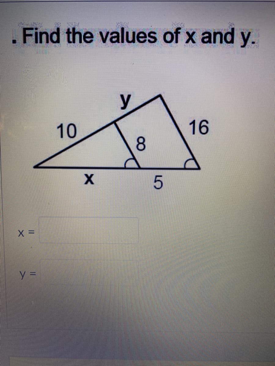 Find the values of x and y.
y
10
16
8.
