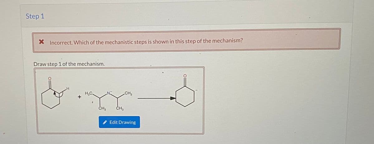 Step 1
X Incorrect. Which of the mechanistic steps is shown in this step of the mechanism?
Draw step 1 of the mechanism.
H;C
CH3
ČH3
Edit Drawing
