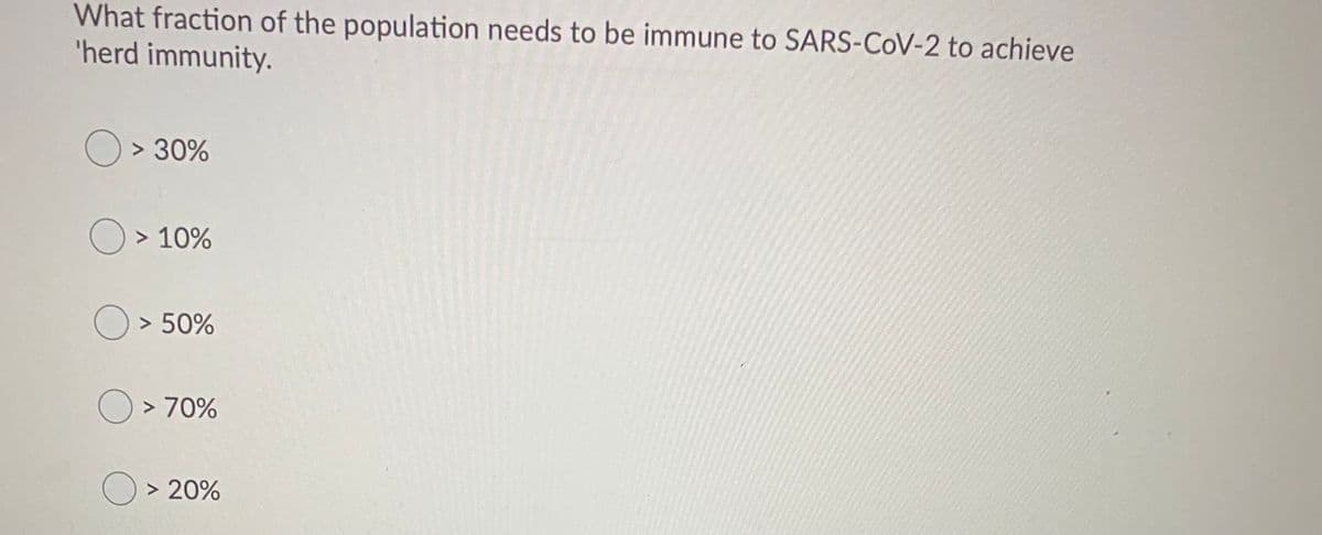 What fraction of the population needs to be immune to SARS-CoV-2 to achieve
'herd immunity.
> 30%
> 10%
O > 50%
> 70%
O > 20%
