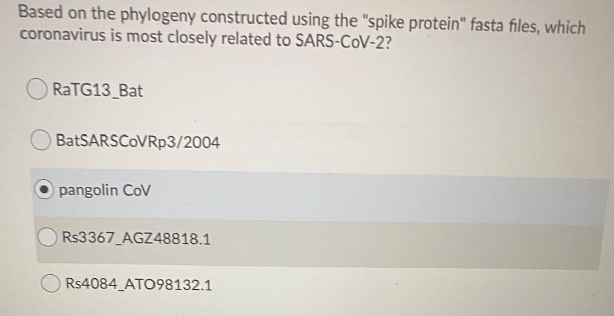 Based on the phylogeny constructed using the "spike protein" fasta files, which
coronavirus is most closely related to SARS-CoV-2?
ORATG13_Bat
BatSARSCOVRp3/2004
O pangolin CoV
Rs3367_AGZ48818.1
O Rs4084_AT098132.1
