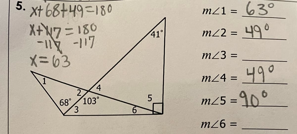 5. xt 68+49=180
m21 = 63°
X+W7=180
-/17
メ=63
41°
m22 = 49°
m23 =
490
m24 =
4
68°/103°
3.
m25 = 10°
6.
m26 =
