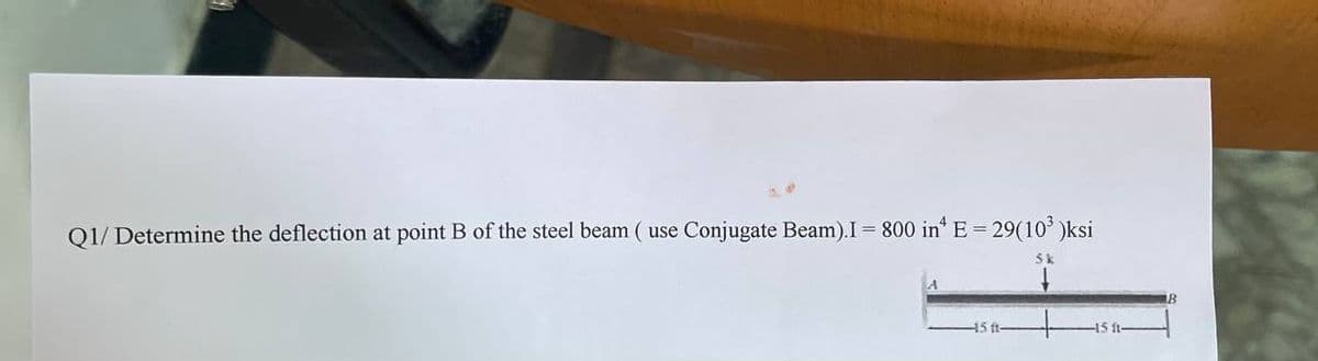 Q1/ Determine the deflection at point B of the steel beam ( use Conjugate Beam). I = 800 in E = 29(10³)ksi
45 ft
15 f1-