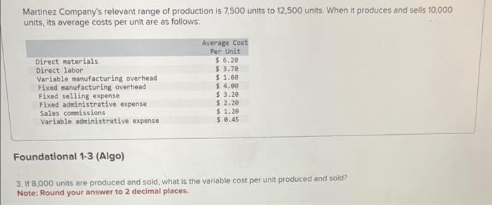 Martinez Company's relevant range of production is 7,500 units to 12,500 units. When it produces and sells 10,000
units, its average costs per unit are as follows:
Direct materials
Direct labor
Variable manufacturing overhead
Fixed manufacturing overhead
Fixed selling expense
Fixed administrative expense
Sales commissions
Variable administrative expense
Average Cost
Per Unit
$6.20
$ 3.70
$ 1.60
$ 4.00
$3.20
$ 2.20
$ 1.20
$ 0.45
Foundational 1-3 (Algo)
3. If 8,000 units are produced and sold, what is the variable cost per unit produced and sold?
Note: Round your answer to 2 decimal places.