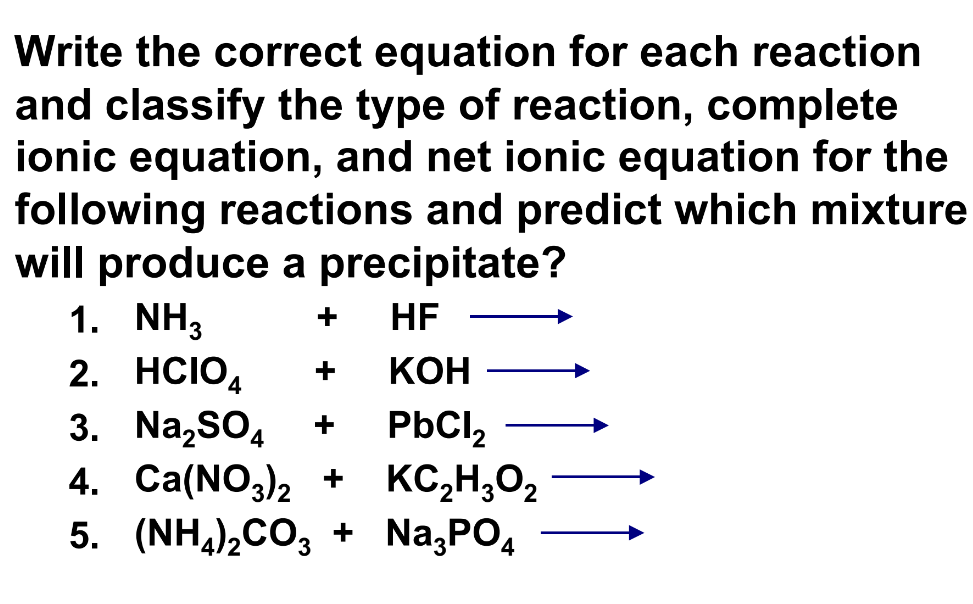 **Chemical Reactions and Predicting Precipitates**

Below is a list of chemical reactions. For each reaction, write the correct chemical equation, classify the type of reaction, and provide the complete ionic equation and net ionic equation. Finally, predict which mixtures will produce a precipitate.

1. **Reaction between Ammonia (NH₃) and Hydrofluoric Acid (HF)**
   - Balanced Chemical Equation: NH₃ + HF → NH₄F
   - Type of Reaction: Acid-Base Reaction
   - Complete Ionic Equation: NH₃ + H⁺ + F⁻ → NH₄⁺ + F⁻
   - Net Ionic Equation: NH₃ + H⁺ → NH₄⁺
   - **Precipitate Prediction**: No precipitate

2. **Reaction between Perchloric Acid (HClO₄) and Potassium Hydroxide (KOH)**
   - Balanced Chemical Equation: HClO₄ + KOH → KClO₄ + H₂O
   - Type of Reaction: Acid-Base Reaction
   - Complete Ionic Equation: H⁺ + ClO₄⁻ + K⁺ + OH⁻ → K⁺ + ClO₄⁻ + H₂O
   - Net Ionic Equation: H⁺ + OH⁻ → H₂O
   - **Precipitate Prediction**: No precipitate

3. **Reaction between Sodium Sulfate (Na₂SO₄) and Lead(II) Chloride (PbCl₂)**
   - Balanced Chemical Equation: Na₂SO₄ + PbCl₂ → 2NaCl + PbSO₄
   - Type of Reaction: Double Displacement
   - Complete Ionic Equation: 2Na⁺ + SO₄²⁻ + Pb²⁺ + 2Cl⁻ → 2Na⁺ + 2Cl⁻ + PbSO₄
   - Net Ionic Equation: Pb²⁺ + SO₄²⁻ → PbSO₄
   - **Precipitate Prediction**: PbSO₄ (Lead(II) Sulfate) is the precipitate

4. **Reaction between Calcium Nitrate (Ca(NO₃)₂) and Potassium Acetate (KC₂H₃O₂)**
   - Balanced Chemical