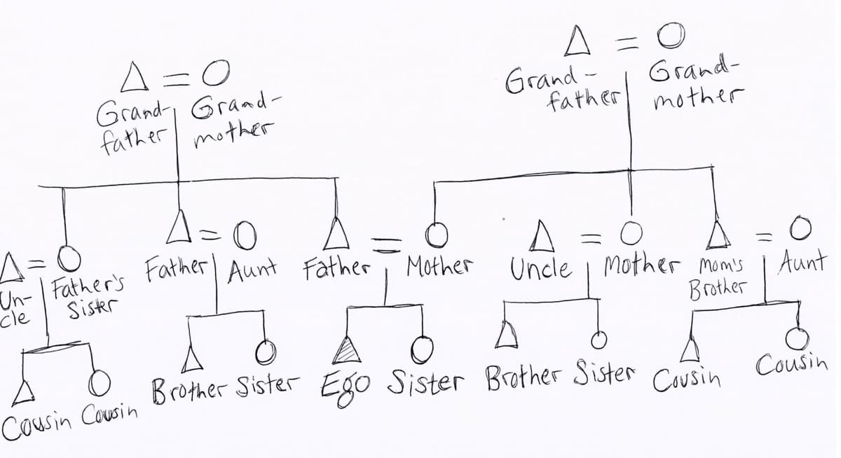 ΔΞΟ
Grand- Grand-
father mother
d
Cousin Cousin
A = O
Grand-
A=
O
cle
Sister
Un- Father's Father Aunt Father, Mother
бобод
father
Grand-
mother
= 0
Uncle Mother Mom's
Brother
Brother Sister Ego Sister Brother Sister Cousin
O
Aunt
Cousin