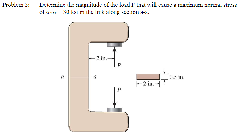 Determine the magnitude of the load P that will cause a maximum normal stress
of Omax = 30 ksi in the link along section a-a.
Problem 3:
-2 in.-
a
0.5 in.
- 2 in. --
