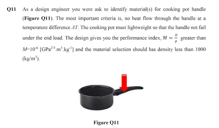 Q11 As a design engineer you were ask to identify material(s) for cooking pot handle
(Figure Q11). The most important criteria is, no heat flow through the handle at a
temperature difference 47. The cooking pot must lightweight so that the handle not fail
under the end load. The design gives you the performance index, M = = greater than
M=106 [GPa ²3.m³.kg¹] and the material selection should has density less than 1000
(kg/m³).
Figure Q11