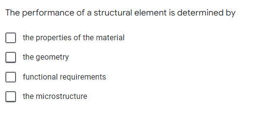 The performance
of a structural element is determined by
the properties of the material
the geometry
functional requirements
the microstructure