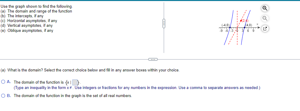 Use the graph shown to find the following.
(a) The domain and range of the function
(b) The intercepts, if any
(c) Horizontal asymptotes, if any
(d) Vertical asymptotes, if any
(e) Oblique asymptotes, if any
C
Alfons
(-4.0)
(4.0)
-9 -6/-3/0
6 9
(a) What is the domain? Select the correct choice below and fill in any answer boxes within your choice.
O A. The domain of the function is {x}.
(Type an inequality in the form x#. Use integers or fractions for any numbers in the expression. Use a comma to separate answers as needed.)
O B. The domain of the function in the graph is the set of all real numbers.