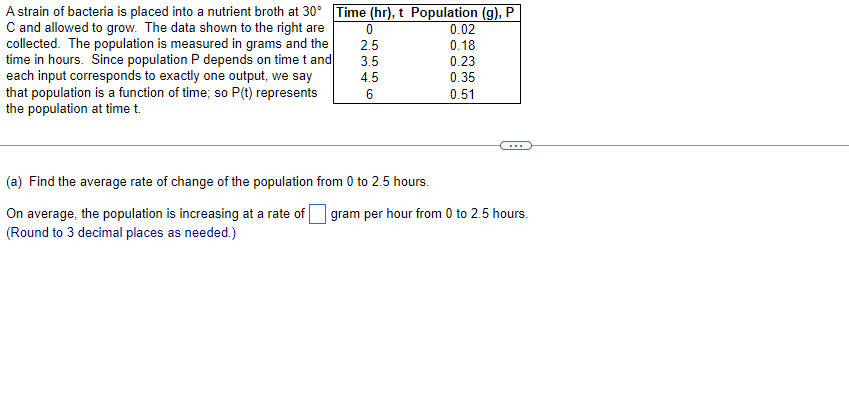 A strain of bacteria is placed into a nutrient broth at 30° Time (hr), t Population (g), P
C and allowed to grow. The data shown to the right are
collected. The population is measured in grams and the
time in hours. Since population P depends on time t and
each input corresponds to exactly one output, we say
that population is a function of time; so P(t) represents
the population at time t.
0
NM
50 50
2.5
3.5
4.5
6
(a) Find the average rate of change of the population from 0 to 2.5 hours.
On average, the population is increasing at a rate of
(Round to 3 decimal places as needed.)
0.02
0.18
0.23
0.35
0.51
gram per hour from 0 to 2.5 hours.