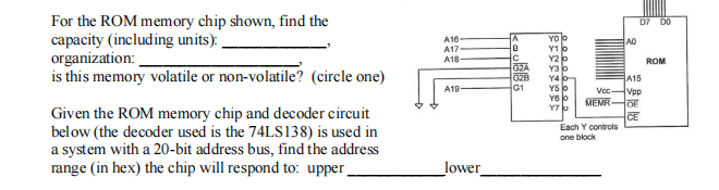 For the ROM memory chip shown, find the
capacity (including units) .
organization:
is this memory volatile or non-volatile? (circle one)
D7
DO
A
B
IC
GZA
G28
G1
A16
A17
A18
YO
Y1
Y2 0
Y30
Y4
AD
ROM
A15
VocVpp
MEMR OE
CE
Each Y controls
A19-
Y50
Y7
Given the ROM memory chip and decoder circuit
below (the decoder used is the 74LS138) is used in
a system with a 20-bit address bus, find the address
range (in hex) the chip will respond to: upper
one block
lower
