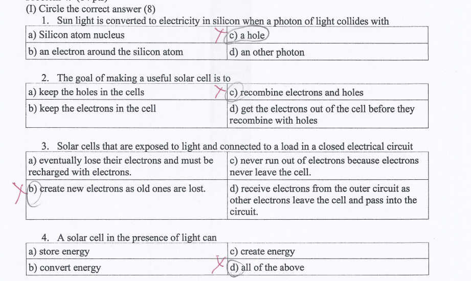 (I) Circle the correct answer (8)
1. Sun light is converted to electricity in silicon when a photon of light collides with
a) Silicon atom nucleus
b) an electron around the silicon atom
c) a hole
d) an other photon
2. The goal of making a useful solar cell is to
a) keep the holes in the cells
c) recombine electrons and holes
d) get the electrons out of the cell before they
recombine with holes
b) keep the electrons in the cell
3. Solar cells that are exposed to light and connected to a load in a closed electrical circuit
a) eventually lose their electrons and must be
recharged with electrons.
c) never run out of electrons because electrons
never leave the cell.
d) receive electrons from the outer circuit as
other electrons leave the cell and pass into the
circuit.
b) create new electrons as old ones are lost.
4. A solar cell in the presence of light can
a) store energy
c) create energy
b) convert energy
d) all of the above
