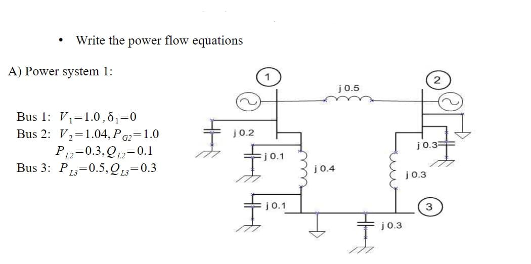 Write the power flow equations
A) Power system 1:
1
j0.5
Bus 1: V1=1.0,81=0
Bus 2: V2=1.04, PG2=1.0
j0.2
j0.3=
P12=0.3,Q12=0.1
Bus 3: P=0.5,Q13=0.3
j0.1
j0.4
j 0.3
j0.1
j0.3
