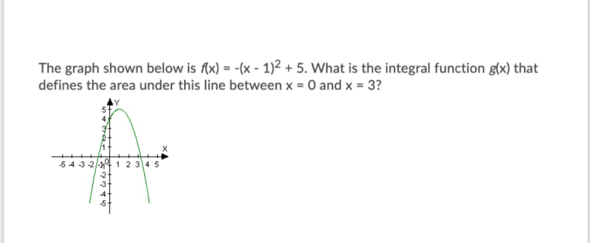 The graph shown below is f(x) = -(x - 1)2 + 5. What is the integral function g(x) that
defines the area under this line between x = 0 and x = 3?
54 3-2/-14 1 2 3 4 5
-2
4
