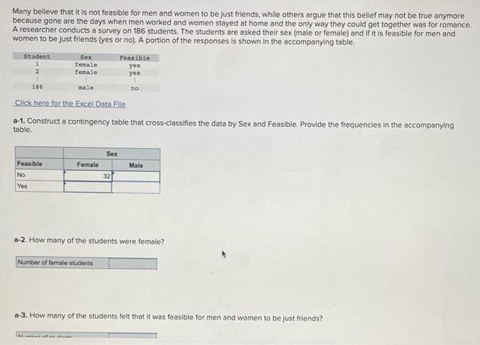 Many believe that it is not feasible for men and women to be just friends, while others argue that this belief may not be true anymore
because gone are the days when men worked and women stayed at home and the only way they could get together was for romance.
A researcher conducts a survey on 186 students. The students are asked their sex (male or female) and if it is feasible for men and
women to be just friends (yes or no). A portion of the responses is shown in the accompanying table.
Sex
Feasible
Student
1
female
yes
female
1
186
male
Click here for the Excel Data File
a-1. Construct a contingency table that cross-classifies the data by Sex and Feasible. Provide the frequencies in the accompanying
table.
Sex
Feasible
Female
Male
No
32
Yes
a-2. How many of the students were female?
Number of female students
a-3. How many of the students felt that it was feasible for men and women to be just friends?
kubidente
yen
no