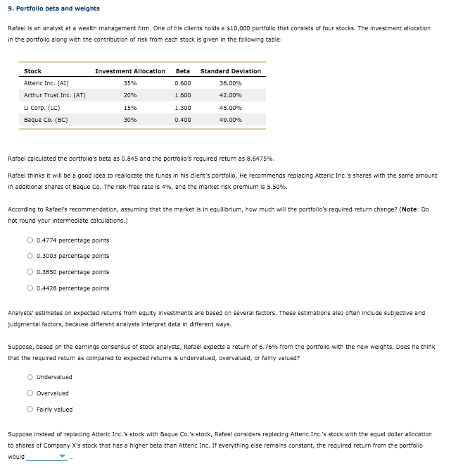 9. Portfolio beta and weights
Rafael is an analyst at a wealth management firm. One of his clients holds a $10,000 portfolio that consists of four stocks. The investment allocation
in the portfolio along with the contribution of risk from each stock is given in the following table:
Stock
Investment Allocation
Beta
Standard Deviation
Atteric Inc. (AI)
35%
0.600
38.00%
Arthur Trust Inc. (AT)
20%
1.600
42.00%
LI Corp. (LC)
15%
1.300
45.00%
Baque Co. (BC)
0.400
30%
49.00%
Rafael calculated the portfolio's beta as 0.845 and the portfolio's required return as 8.6475%.
Rafael thinks it will be a good idea to reallocate the funds in his client's portfolio. He recommends replacing Atteric Inc.'s shares with the same amount
in additional shares of Baque Co. The risk-free rate is 4%, and the market risk premium is 5.50%.
According to Rafael's recommendation, assuming that the market is in equilibrium, how much will the portfolio's required return change? (Note: Do
not round your intermediate calculations.)
O 0.4774 percentage points
O 0.3003 percentage points
O 0.3850 percentage points
O 0.4428 percentage points
Analysts' estimates on expected returns from equity investments are based on several factors. These estimations also often include subjective and
judgmental factors, because different analysts interpret data in difrrerent ways.
Suppose, based on the earnings consensus of stock analysts, Rafael expects a return of 6.76% from the portfolio with the new weights. Does he think
that the required return as compared to expected returns is undervalued, overvalued, or fairly valued?
O Undervalued
Overvalued
Fairly valued
Suppose instead of replacing Atteric Inc.'s stock with Baque Co.'s stock, Rafael considers replacing Atteric Inc.'s stock with the equal dollar allocation
to shares of Company X's stock that has a higher beta than Atteric Inc. If everything else remains constant, the required return from the portfolio
would
