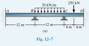 250 kN
20 kN/m
B
A
D
12 m
12 m-
4 m'4 m
(a)
Fig. 12–7
