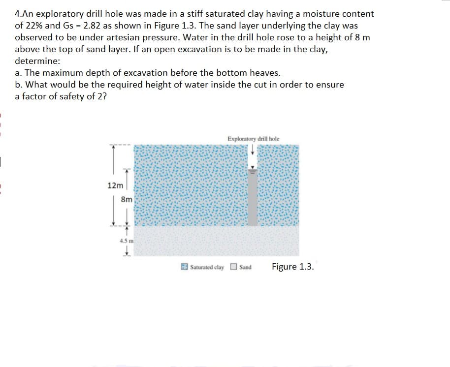 4.An exploratory drill hole was made in a stiff saturated clay having a moisture content
of 22% and Gs = 2.82 as shown in Figure 1.3. The sand layer underlying the clay was
observed to be under artesian pressure. Water in the drill hole rose to a height of 8 m
above the top of sand layer. If an open excavation is to be made in the clay,
determine:
a. The maximum depth of excavation before the bottom heaves.
b. What would be the required height of water inside the cut in order to ensure
a factor of safety of 2?
Exploratory drill hole
12m
8m
4.5 m
Saturated clay O Sand
Figure 1.3.
