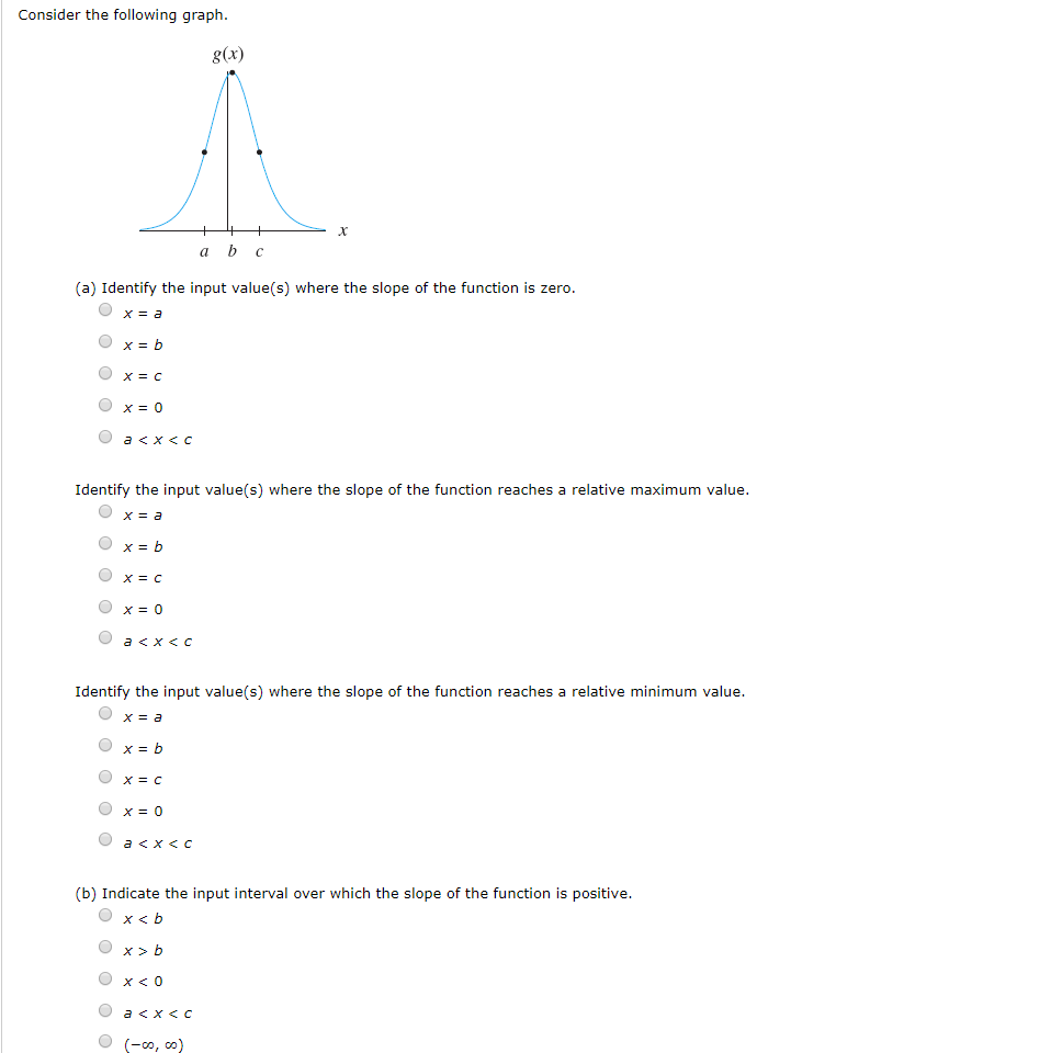 Consider the following graph.
g(x)
C
(a) Identify the input value(s) where the slope of the function is zero
х3Dа
x = b
x= C
x = 0
O a<x < c
Identify the input value(s) where the slope of the function reaches a relative maximum value.
x = a
O x= b
х3D с
O x= 0
a <x C
Identify the input value(s) where the slope of the function reaches a relative minimum value.
х3Dа
x = b
х%3D с
x = 0
Oa<x < c
(b) Indicate the input interval over which the slope of the function is positive
x< b
O x> b
O x<0
a <x C
O(-co, co
