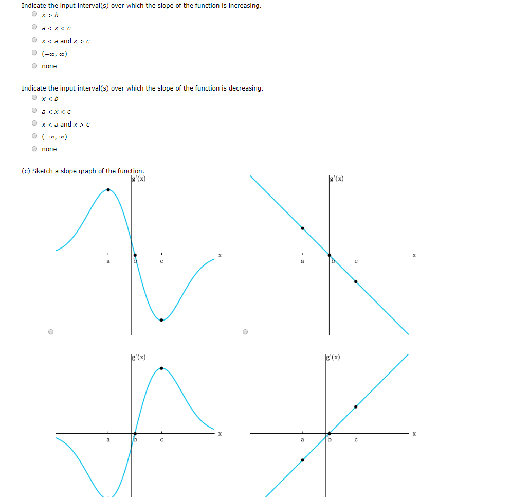 Indicate the input interval(s) over which the slope of the function is increasing.
Ox> b
O a<x<c
Ox a and x> c
O(o, co)
Onone
Indicate the input interval(s) over which the slope of the function is decreasing
Ox<b
Oa<x<c
Ox< a and x> c
O (-o, oo)
O none
(c) Sketch a slope graph of the function.
lg'(x)
g'(x)
a
a
g'(x)
g'(x)
a
C
a
C
