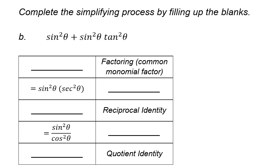 Complete the simplifying process by filling up the blanks.
b.
sin20 + sin²0 tan²0
Factoring (common
monomial factor)
= sin²0 (sec²0)
Reciprocal Identity
sin20
cos?0
Quotient Identity
