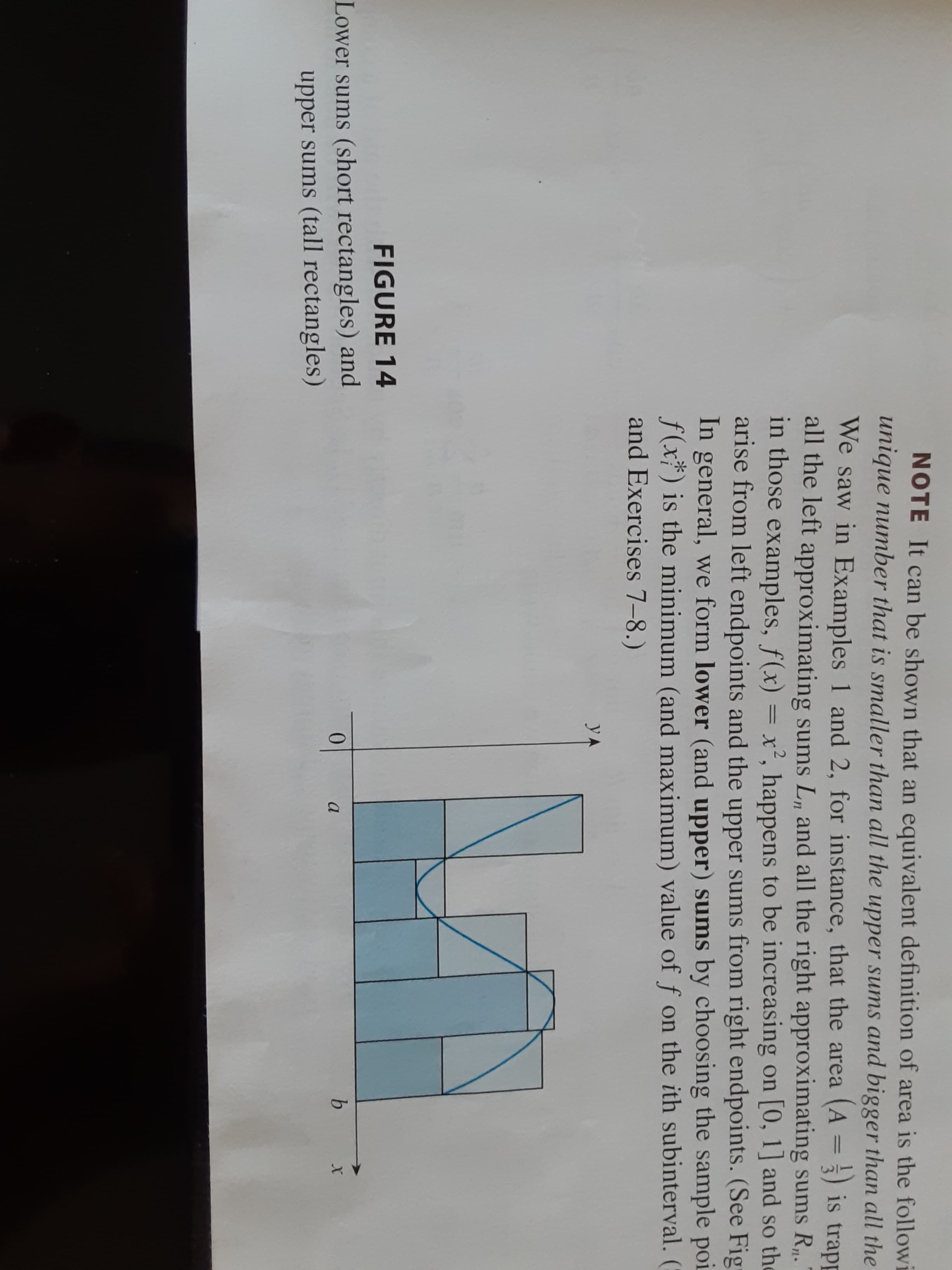 NOTE It can be shown that an equivalent definition of area is the followi
unique number that is smaller than all the upper sums and bigger than all the
We saw in Examples 1 and 2, for instance, that the area (A = 5) is trapp
all the left approximating sums L, and all the right approximating sums R,.
in those examples, f(x) = x², happens to be increasing on [0, 1] and so the
arise from left endpoints and the upper sums from right endpoints. (See Fig
In general, we form lower (and upper) sums by choosing the sample poi
f(x) is the minimum (and maximum) value of f on the ith subinterval. (
and Exercises 7-8.)
%3D
УА
FIGURE 14
Lower sums (short rectangles) and
upper sums (tall rectangles)
b.
