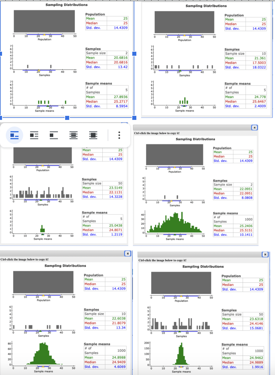 OWNWARD
OHNWAND
가654 654.
H
10
20
Sampling Distributions
20
30
Population
Samples
40
50
Population
Mean
25
Median
25
Std. dev.
14.4309
Sampling Distributions
50
Population
Samples
Sample size
2
Mean
20.6816
Median
20.6816
Std. dev.
13.42
30
40
10
30
Samples
Population
Mean
25
Median
Std. dev.
25
14.4309
Samples
Sample size
10
Mean
21.361
Median
17.5003
Std. dev.
18.0322
40
50
Sample means
# of
Sample means
# of
5
5
Samples
Samples
Mean
27.8936
Mean
24.778
Median
25.2717
Median
25.6467
30
Std. dev.
8.5954
40
50
10
20 30
Sample means
Std. dev.
2.4009
Sample means
20
30
50
Population
20 30
Samples
Mean
Median
Std. dev.
25
25
14.4309
Samples
Sample size
50
Mean
23.5149
Median
22.1131
Std. dev.
14.3228
40
50
Ctrl-click the image below to copy it!
Sampling Distributions
Sample means
40
# of
5
30-
Samples
20-
Mean
25.0438
10-
Median
24.8071
10
20
Sample means
40
Std. dev.
1.2119
Ctrl-click the image below to copy it!
OPENWAYS
Sampling Distributions
2030
Population
Mean
Median
Std. dev.
25
25
14.4309
Population
Samples
Sample size
Mean
10
22.6038
Median
21.8079
Std. dev.
13.34
10
40
Samples
20
30
Population
Population
Mean
Median
Std. dev.
25
25
14.4309
Samples
Sample size
2
Mean
22.0951
Median
22.0951
Std. dev.
8.0808
10
40
50
Samples
Sample means
# of
Samples
1000
Mean
25.2406
Median
25.5151
10
20
Std. dev.
10.1411
Sample means
Ctrl-click the image below to copy it!
Sampling Distributions
20
30
Population
40
50
Population
Mean
Median
Std. dev.
25
25
14.4309
Samples
Sample size
Mean
50
23.6318
Median
24.4146
Std. dev.
15.0681
10
2030
Samples
40
80-
60-
40
。8
20-
Sample means
200+
# of
150-
1000
Samples
100-
Mean
24.8988
50-
Median
24.9409
ot
ot
0
10
20 30
Sample means
Std. dev.
4.6069
40
50
о
10
20
30
Sample means
Sample means
# of
Samples
Mean
Median
1000
24.9462
24.9889
Std. dev.
1.9916
40
50