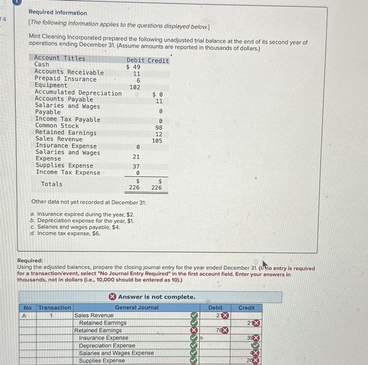 Required information
[The following information applies to the questions displayed below.]
Mint Cleaning Incorporated prepared the following unadjusted trial balance at the end of its second year of
operations ending December 31. (Assume amounts are reported in thousands of dollars.)
Account Titles
Cash
Accounts Receivable
Prepaid Insurance
Equipment
Accumulated Depreciation
Accounts Payable
Salaries and Wages
Payable
Income Tax Payable
Common Stock
Retained Earnings
Sales Revenue
Insurance Expense
Salaries and Wages
Expense
Supplies Expense
Income Tax Expense
Totals
No Transaction
A
1
Debit Credit
$ 49
11
6
102
Other data not yet recorded at December 31:
a. Insurance expired during the year, $2.
b. Depreciation expense for the year, $1.
c. Salaries and wages payable, $4.
d. Income tax expense, $6.
Sales Revenue
0
21
37
0
$
226
Retained Earnings
Retained Earnings
Required:
Using the adjusted balances, prepare the closing journal entry for the year ended December 31. (no entry is required
for a transaction/event, select "No Journal Entry Required" in the first account field. Enter your answers in
thousands, not in dollars (i.e., 10,000 should be entered as 10).)
$ 0
11
0
0
98
12
105
$
226
X Answer is not complete.
General Journal
P
Insurance Expense
Depreciation Expense
Salaries and Wages Expense
Supplies Expense
Debit
21X
76X
Credit
21X
39X
26