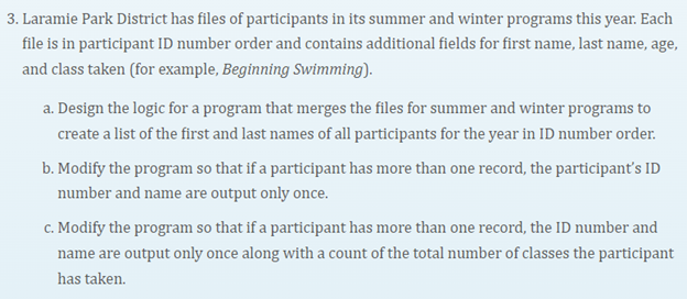 3. Laramie Park District has files of participants in its summer and winter programs this year. Each
file is in participant ID number order and contains additional fields for first name, last name, age,
and class taken (for example, Beginning Swimming).
a. Design the logic for a program that merges the files for summer and winter programs to
create a list of the first and last names of all participants for the year in ID number order.
b. Modify the program so that if a participant has more than one record, the participant's ID
number and name are output only once.
c. Modify the program so that if a participant has more than one record, the ID number and
name are output only once along with a count of the total number of classes the participant
has taken.