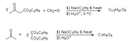 1) NaOC2Hs a heat
2) H30*, 0 °C
2
.CO2C2H5 + CH2=0
C13H20 O5
人。
2 I
čo2C2H5
1) NaOC2Hs & heat
2) H30*
C7H406
