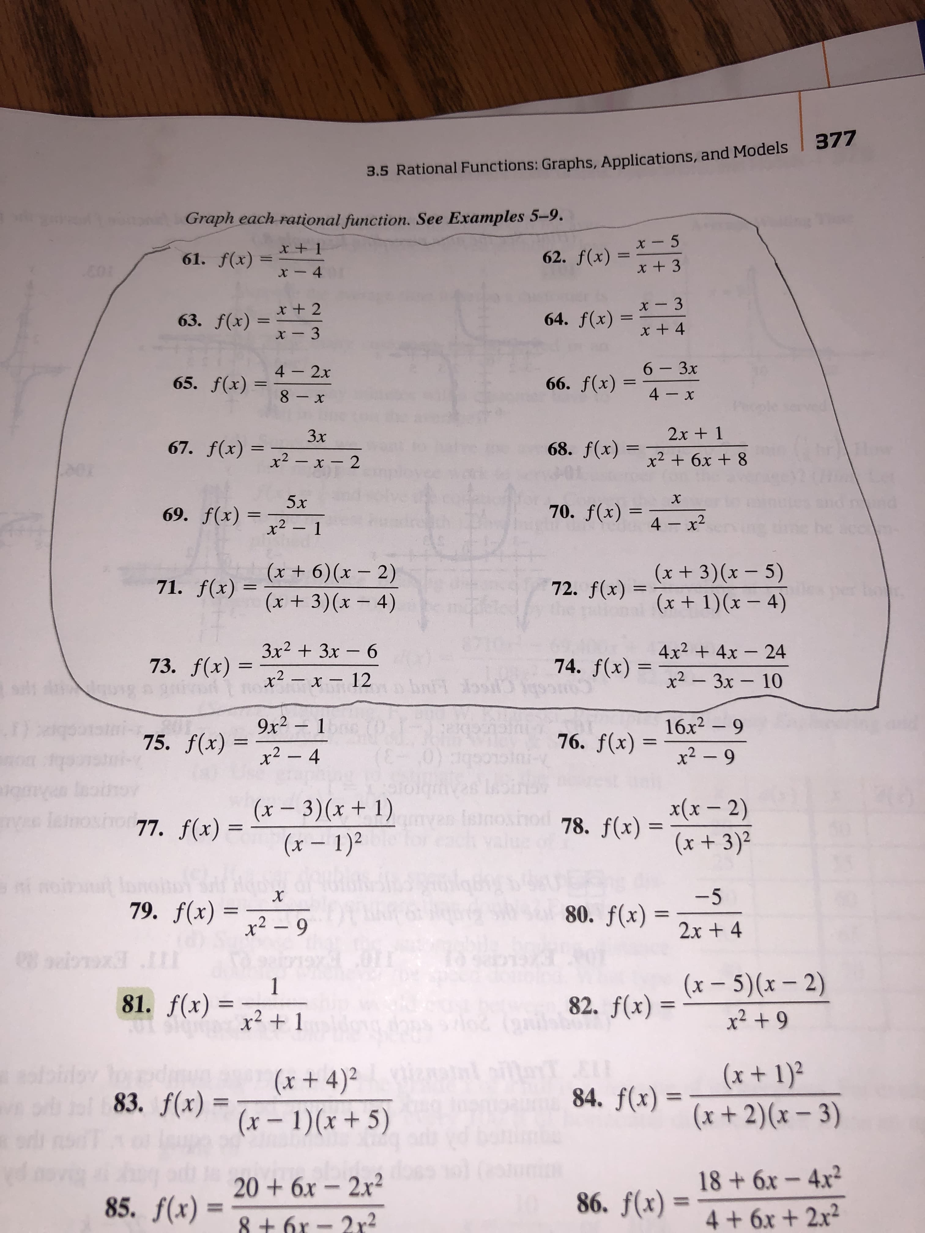 377
3.5 Rational Functions: Graphs, Applications, and Models
Graph each rational function. See Examples 5-9
x- 5
X t1
62. f(x)
61. f(x)
1
0
x +3
x- 4
x- 3
64. f(x)
63. f(x)
11
x +4
x- 3
6-3x
4 - 2x
66. f(x)
65. f(x)
11
4-x
8-x
2x 1
3x
67. f(x)
68. f(x)
1
x2 6x+ 8
x2-x- 2
Ce
5x
70. f(x)
69. f(x) =
11
4 x2
x2- 1
(x + 6) (x- 2)
(x + 3)(x- 4)
(x+3)(x-5)
72. f(x)
71. f(x)=
(x+ 1)(x - 4)
3x2 3x- 6
4x24x 24
74. f(x)
73. f(x)
x2-x - 12
x2 3x 10
baii doout
sl dsg
1os
16x2 9
76. f(x)=
75. f(x)
8-3
ees esirs
is osiho
x2-9
x2 - 4
IiCLCCbr (o'
(x-3) (x + 1)
x(x- 2)
Aupc Pwwnbre
vs lemoso77. f(x) =
78. f(x)
11
(x 1)
(x+3)2
inoit
-5
80. f(x) =
X
79. f(x)
x2 - 9
2x 4
8 uiooox .I
0IT
(x-5)(x- 2)
1
81. f(x) =
82. f(x)
11
x29
x21
(x+ 1)2
(x + 2)(x-3)
olo
(x+ 4)2
84. f(x)
83. f(x)
11
11
(x- 1)(x +5)
18 +6x-4x2
20+6x-2x2
86. f(x)
85. f(x)
4+6x+ 2x2
8+6x-2x2
