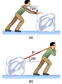 ### Understanding the Effects of Force on Moving Objects

In this educational section, we will explore how the direction and application of force affect the motion of an object. 

#### Figure Overview:
The figure above is divided into two parts, both depicting a person attempting to move a large block of ice. 

##### Top Part:
- The illustration shows an individual pushing the block of ice forward.
- The individual applies a force (\( F \)) in a direction that is horizontal and forward.
- The frictional force (\( f \)), which opposes the direction of the applied force, acts in the opposite direction of the motion.

#### Applied Concepts:
- **Force (\( F \))**: A push or pull on an object that can cause it to accelerate, slowing down, or change direction.
- **Frictional Force (\( f \))**: The resistance that one surface or object encounters when moving over another. It acts in the opposite direction to the applied force.

##### Bottom Part:
- The illustration shows the same individual using a rope to pull the block of ice.
- The force (\( F \)) being applied here is in a direction that is partially upward and forward.
- The frictional force (\( f \)) still opposes the direction of motion, but in this case, the vertical component of the pulling force reduces the normal force and, consequently, the frictional force.

#### Graphs and Diagrams Explanation:
- **Top Diagram**: Displays the scenario of pushing an object horizontally, demonstrating how the applied force and friction are aligned along the same line of action but in opposite directions.
- **Bottom Diagram**: Displays the scenario of pulling an object with a rope, showing the direction of the applied force at an angle. This introduces a vertical component that affects the frictional force.

### Key Insights:
- Pushing an object involves a direct horizontal force that maximizes contact friction.
- Pulling an object at an angle can reduce the frictional force, making it easier to move the object by partially lifting it.

### Educational Outcome:
Through these illustrations, students learn how the angle and direction of applied force influence the required effort to move an object. Understanding these principles helps in applying physical concepts to practical scenarios, enhancing problem-solving skills in physics.

This visual and explanatory guide should assist students in grasping the practical applications of force and friction in real-world situations.