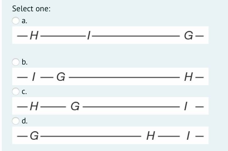 Select one:
а.
-H-
G-
b.
-|–G-
- H–
С.
— Н—
-H – G
d.
-G-
–H–1-
