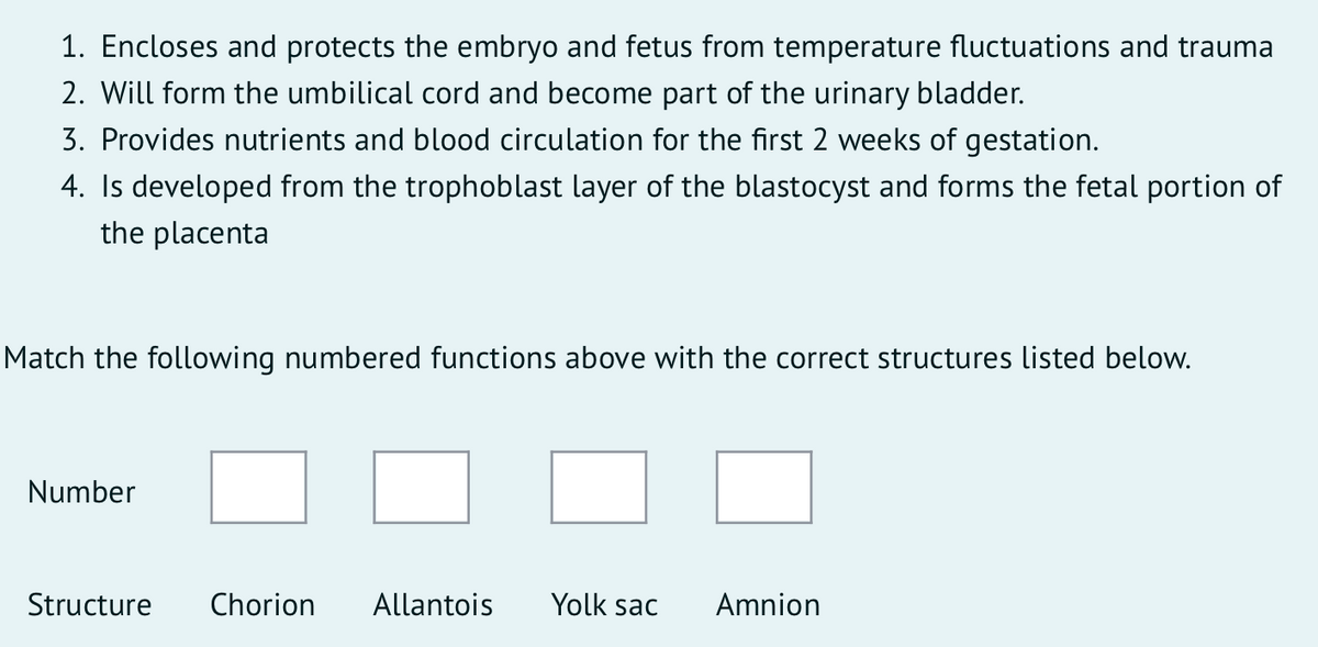 1. Encloses and protects the embryo and fetus from temperature fluctuations and trauma
2. Will form the umbilical cord and become part of the urinary bladder.
3. Provides nutrients and blood circulation for the first 2 weeks of gestation.
4. Is developed from the trophoblast layer of the blastocyst and forms the fetal portion of
the placenta
Match the following numbered functions above with the correct structures listed below.
Number
Structure
Chorion
Allantois
Yolk sac
Amnion
