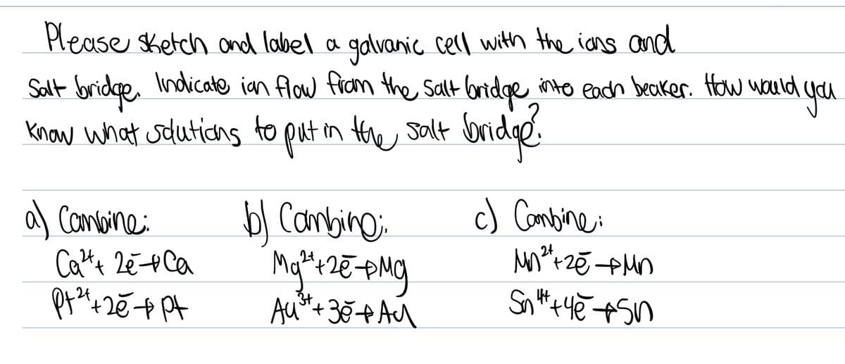 Hease sketch and label a galvanic cell with the ians cond
Salt bridge Indicate ian flow fram the Salt lbridge into each beaker. How wauld You
Know what sdutions to put in the salt bridge
a) Comane:
b| Cambino:
c) Combine:
24
Au+38 Ad
t.
