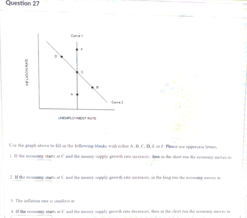 Question 27
Curve 1
F
Curve 2
UNEMPLOYMENT RATE
Use the graph above to fill in the following blanks with either A, B, C, D, E or F. Please use uppercase letters.
1. If the economy starts at C and the money supply growth rate increases, then in the short run the economy moves to
2. If the economy starts at C and the money supply growth rate increases, in the long run the economy moves to
3. The inflation rate is smallest at
4. If the economy starts at C and the money supply growth rate decreases, then in the short run the economy moves to
INFLATION RATE