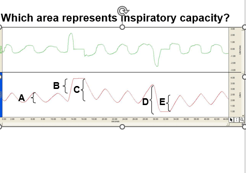 Which area represents inspiratory capacity?
mkrivin
MAR
030
B
{ [mm
DE-
4.00 6.00 8.00 1000 1200 14:00 100
2300 24.00 26.00 3.00
seconds
30.00
34:00
38.00
4200
4400
200
1.00
4.00
3.50
3.00
200
1.00
1.00
o