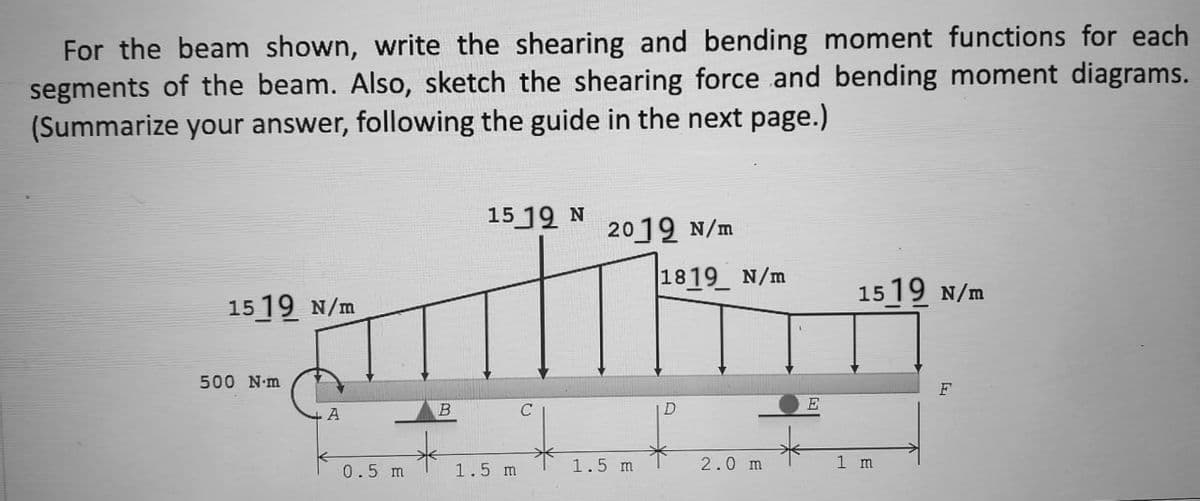 For the beam shown, write the shearing and bending moment functions for each
segments of the beam. Also, sketch the shearing force and bending moment diagrams.
(Summarize your answer, following the guide in the next page.)
1519 N
2019 N/m
1819 N/m
1519 N/m
1519 N/m
F
A
2.0 m
500 N-m
0.5 m
B
1.5 m
1.5 m
E
1 m