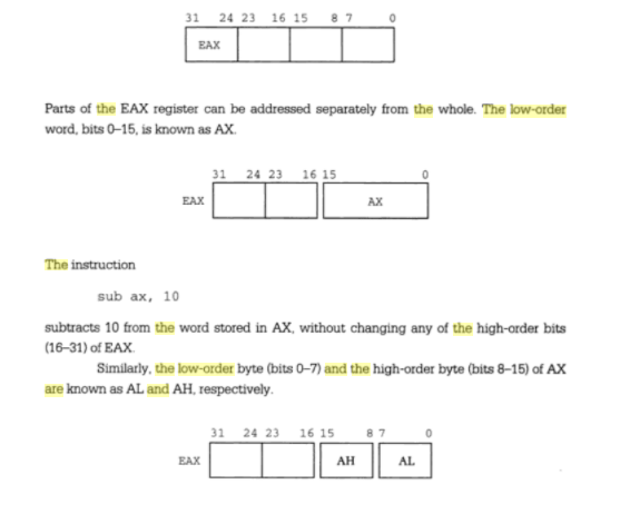 31 24 23 16 15 8 7
EAX
Parts of the EAX register can be addressed separately from the whole. The low-order
word, bits 0-15, is known as AX.
31 24 23 16 15
EAX
AX
The instruction
sub ax, 10
subtracts 10 from the word stored in AX, without changing any of the high-order bits
(16-31) of EAX.
Similarly, the low-order byte (bits 0–7) and the high-order byte (bits 8–15) of AX
are known as AL and AH, respectively.
31 24 23 16 15
87
EAX
AH
AL
